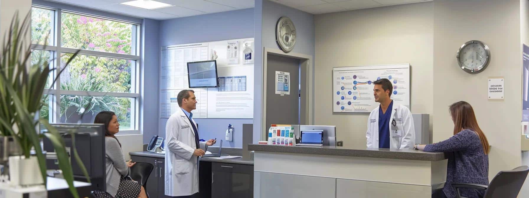 a modern, sleek medical office with a confident physician discussing the benefits of hormone replacement therapy with a engaged patient, featuring informative charts and diagrams on the walls.